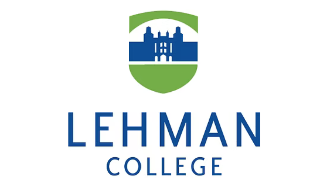 Lehman College logo with a green and blue shield featuring a castle and the college name in blue