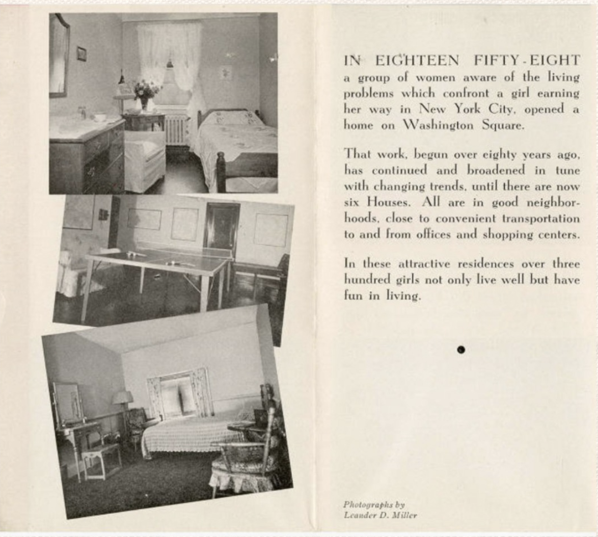 Three black and white photographs of homes and rooms, along with a paragraph of text describing residences on Washington Square in New York City.