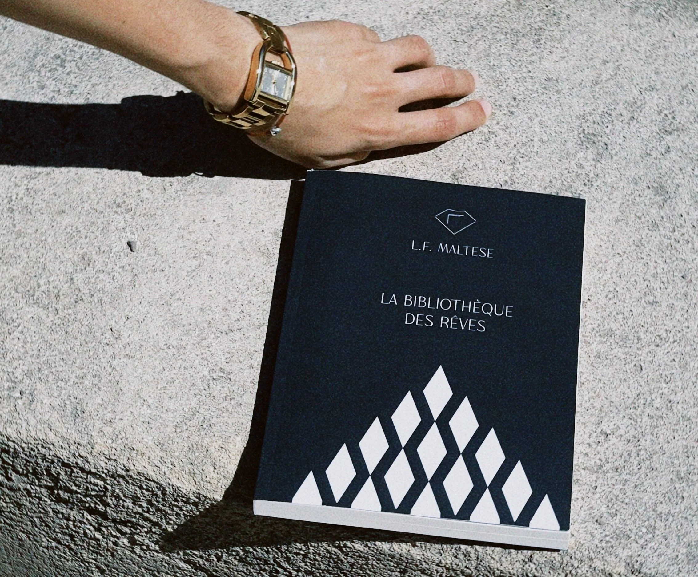 Livre de poche minimaliste noir et crème L.F. Maltese posé sur des escaliers en pierre