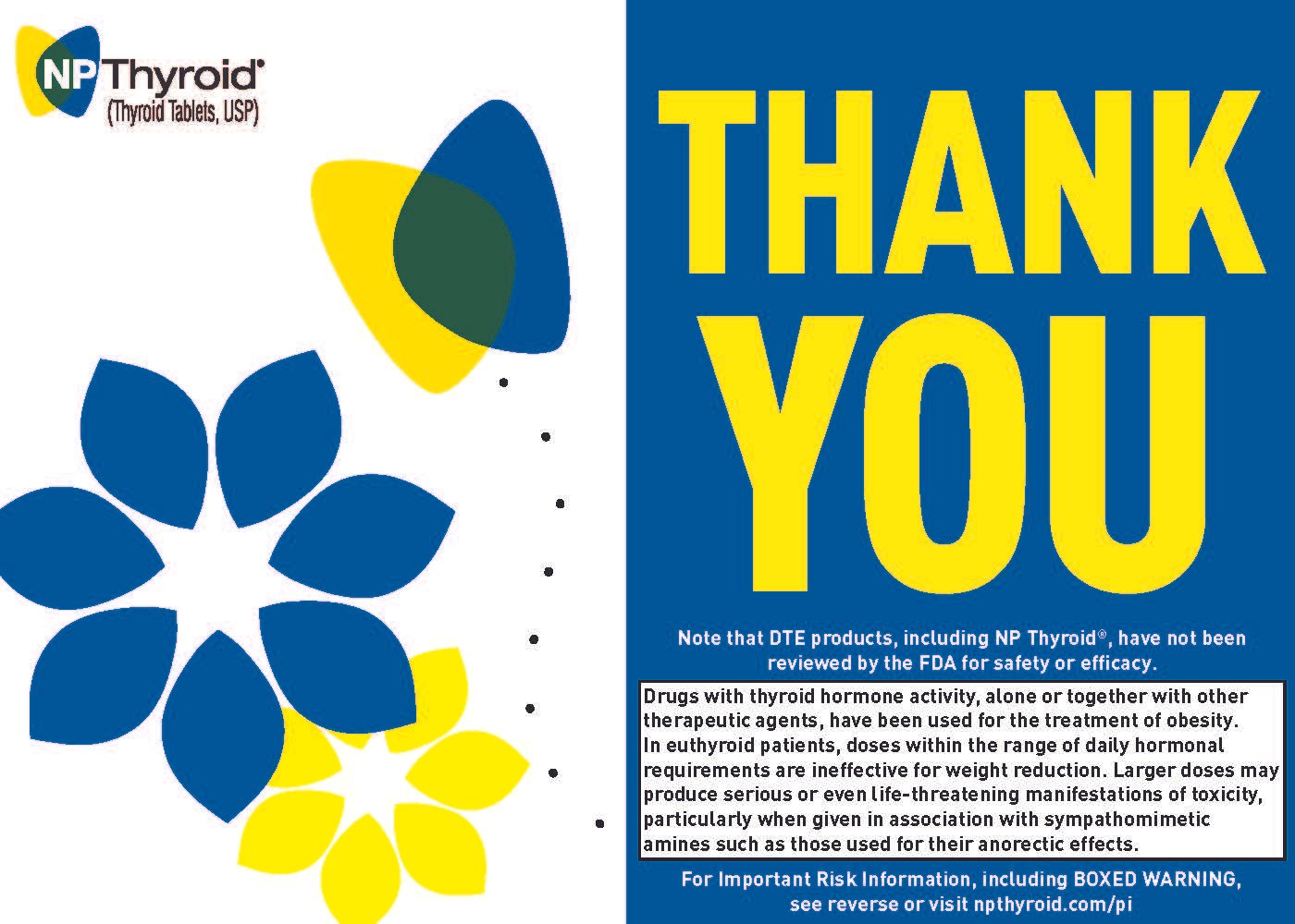 A thank you message on a blue background with yellow and blue flower graphics, and text indicating it is related to NP Thyroid, a thyroid medication.