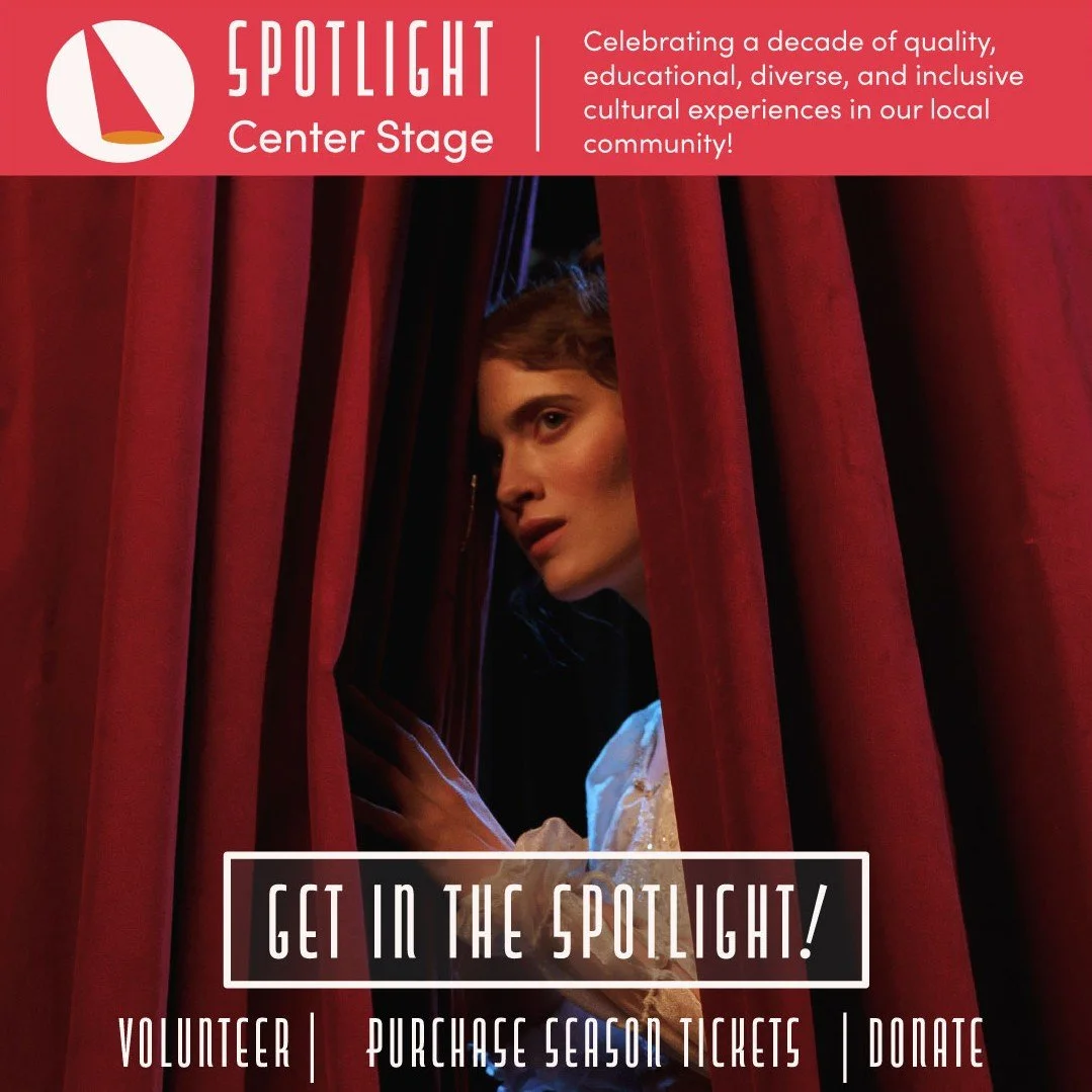A woman peeks through a stage curtain and is framed by the theatre company logo and copy to the top of the design with CTA text at the bottom of the Instagram image.