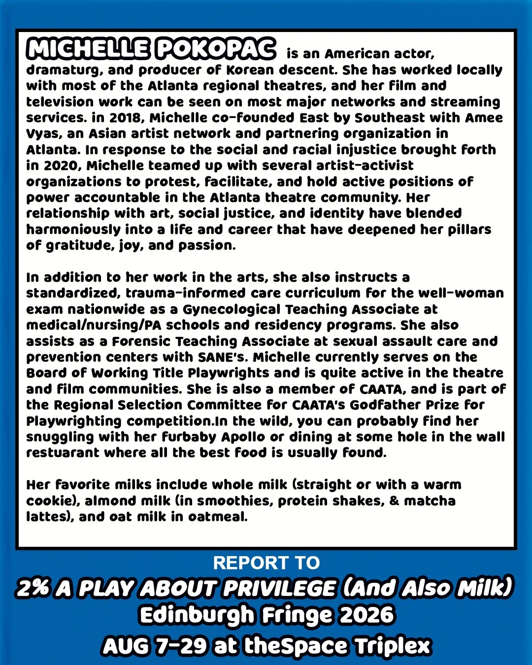 Michelle Pokopac's "2%" team member introduction carousel biography for "2%"'s Instagram.