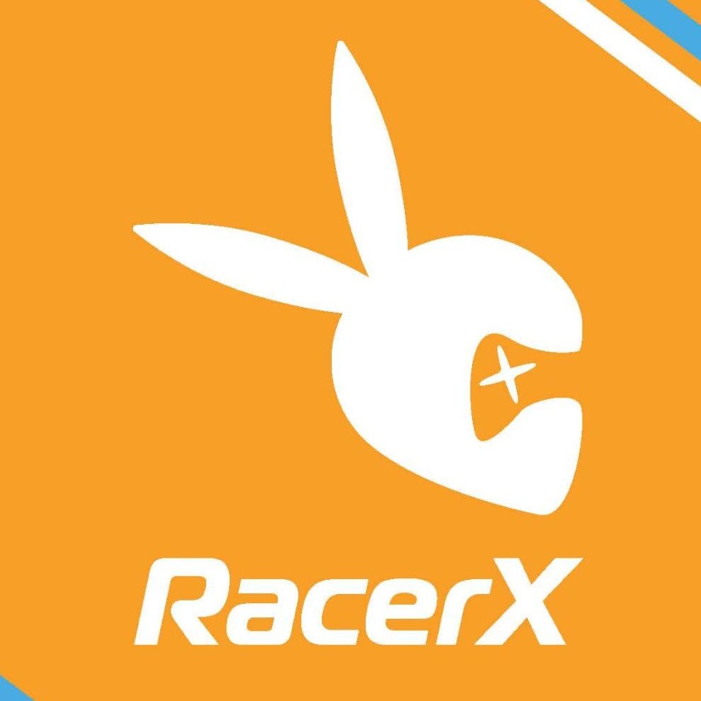 Logo for RacerX with a stylized rabbit face featuring an 'X' over one eye, on an orange background with blue, white, and orange stripes in the top right corner.