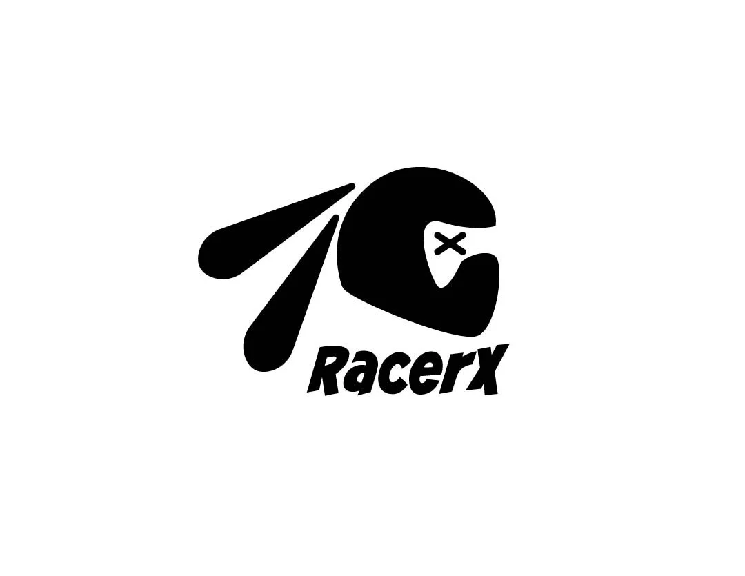 Black and white logo with a stylized racing helmet and the text 'RacerX' below it.