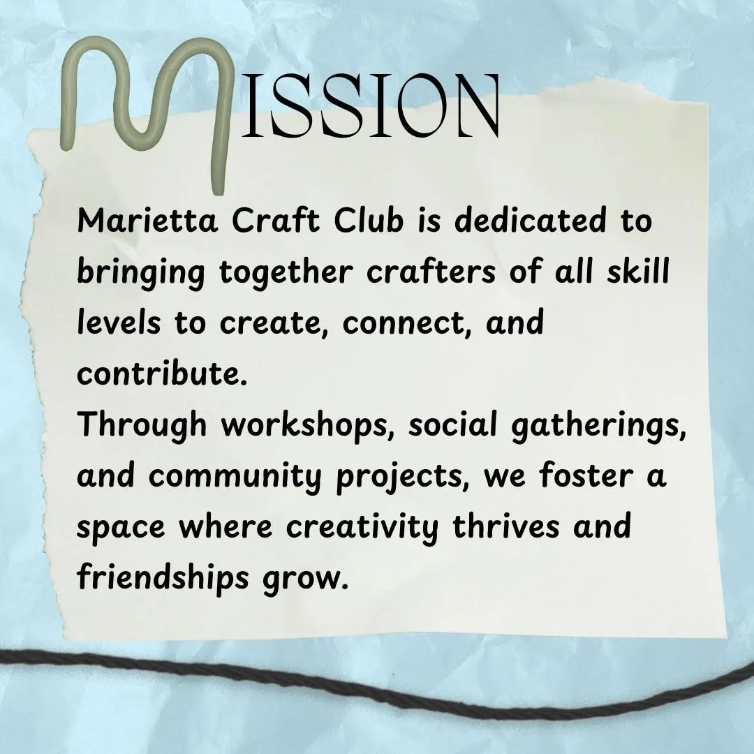 This slide explains the club's mission to bring crafters together of all skill levels to create, connect, and contribute through workshops, social gatherings, and community projects to foster creativity and friendships.