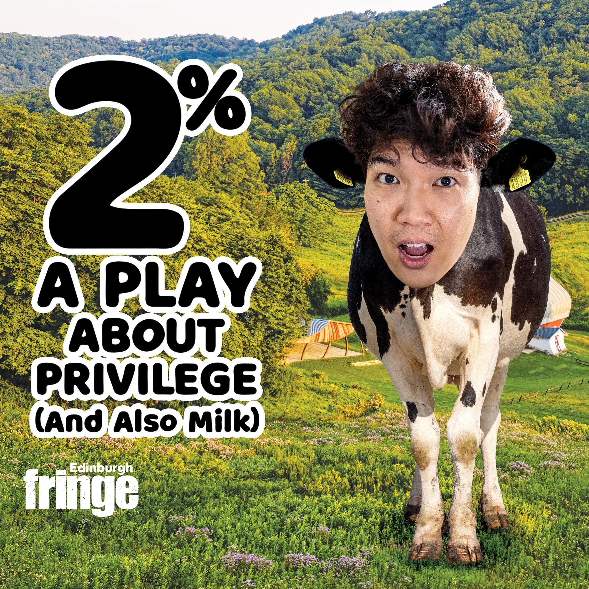 Option 2 for the "2%" window vinyl/12-sheet ad features Kevin's face on a cow's body standing in a warped farm field.