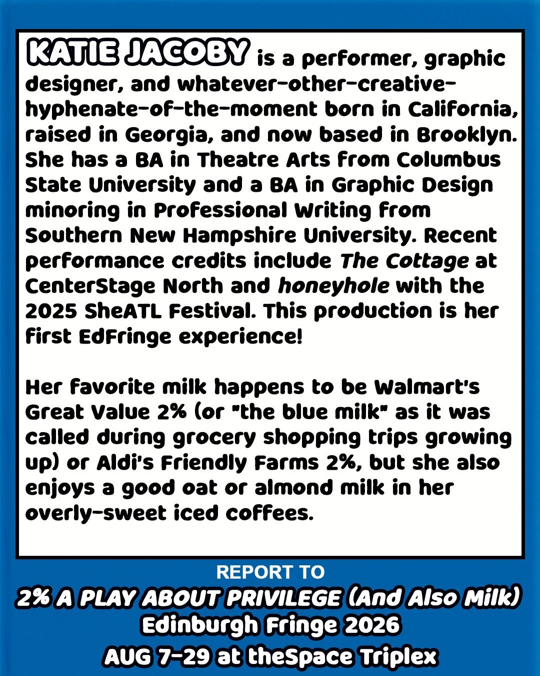 Katie Jacoby's "2%" team member introduction carousel biography for "2%"'s Instagram.