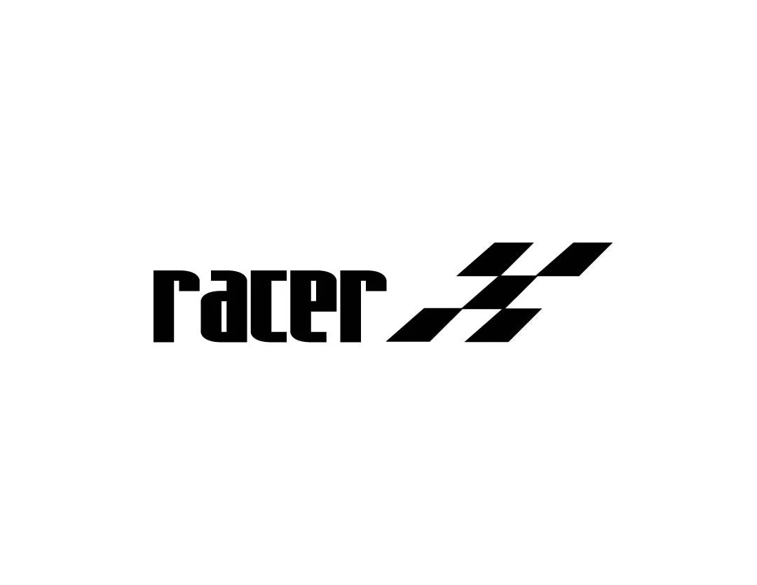Black text that reads 'racer' with three parallel slanted stripes to the right of the text, resembling a racing theme design.