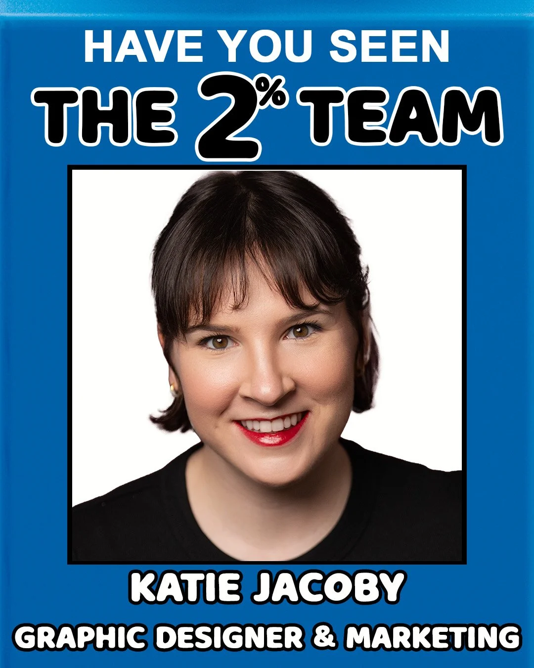 Katie Jacoby's "2%" team member introduction carousel headshot for "2%"'s Instagram.