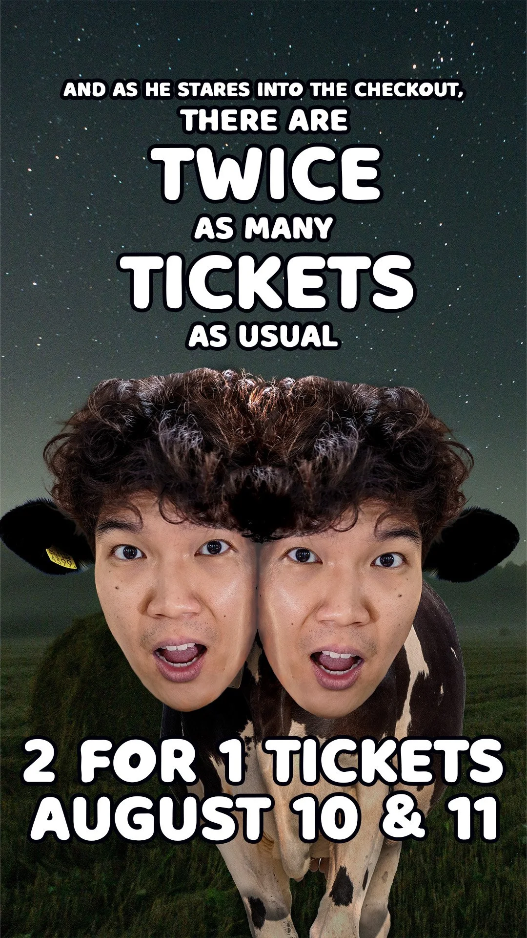 The 2 for 1 deal Instagram story post featuring a two-headed "Cowvin." The background shows a starry night sky and a grassy landscape.
