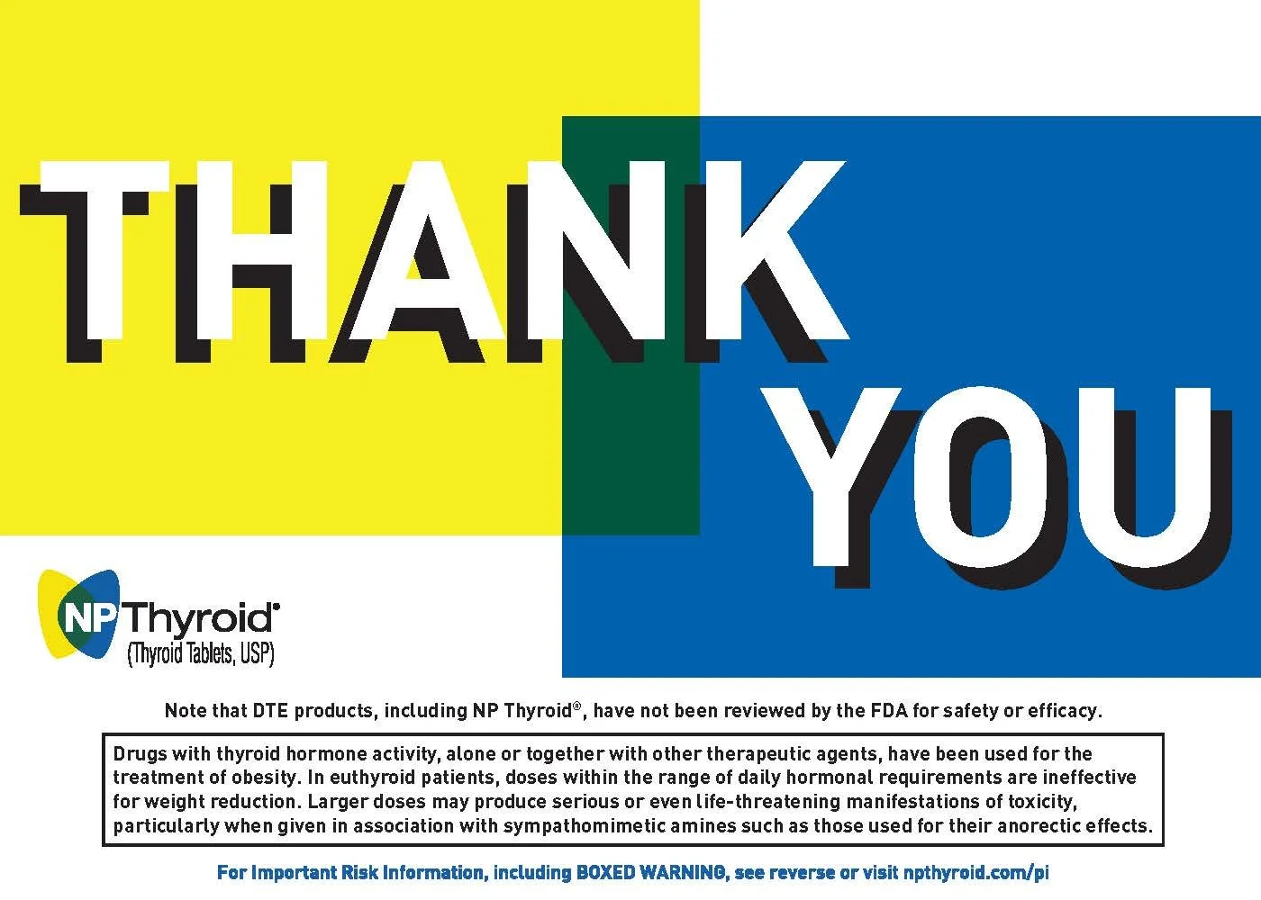 A thank you message with colorful blocks and the NP Thyroid logo at the bottom.