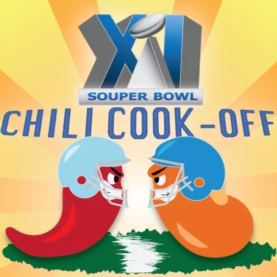 A cartoon chili pepper and bean both wearing blue helmets face each other over a small football field with a spoof Super Bowl logo in the background.