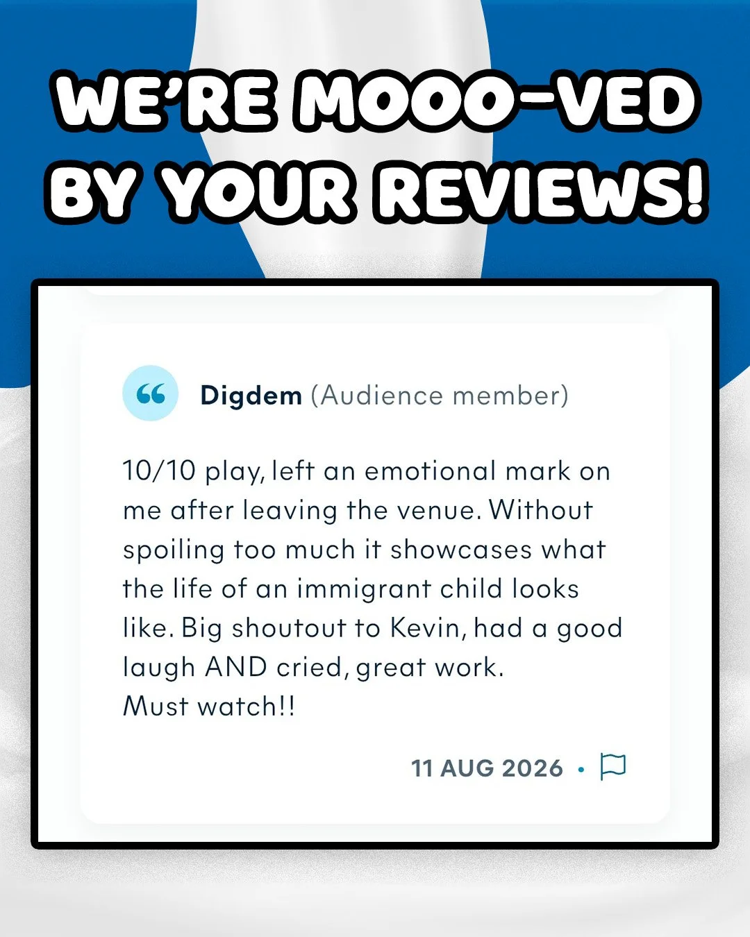 An online review with a blue and white background, featuring a positive testimonial praising a performance, dated August 11, 2026.