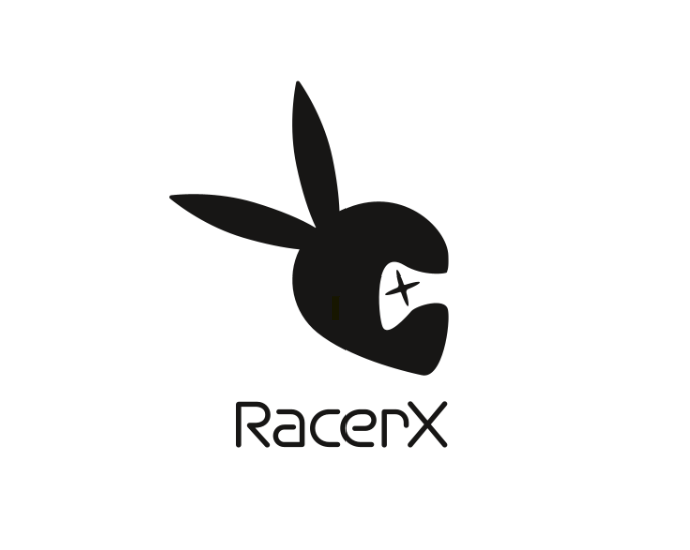 Black logo of a stylized bunny head with one eye crossed out, labeled RacerX.