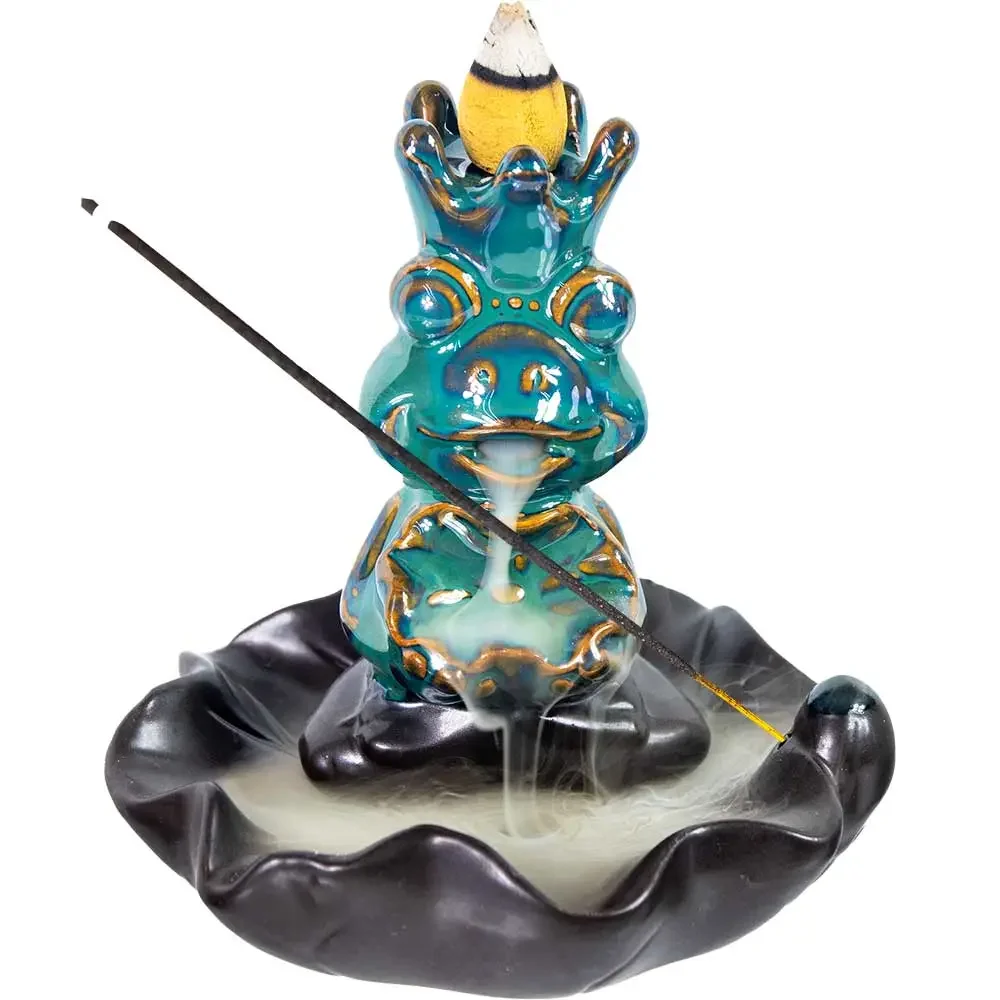 Ceramic Backflow Incense Burner - Meditating Frog Green