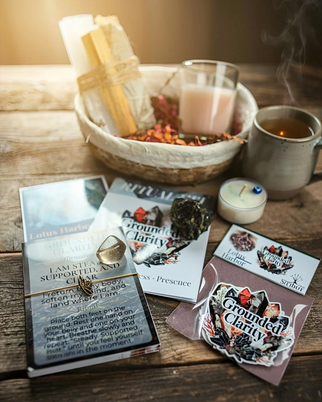 As January gently builds momentum, grounding becomes less about slowing down and more about staying present with what is already unfolding.

The Grounded Clarity Ritual Kit is coming together with intention and care. Each element is chosen to support
