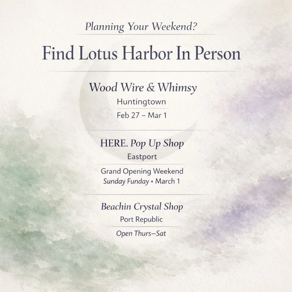Planning your weekend?

You can now find Lotus Harbor in person in three beautiful spaces across Maryland.

@woodwireandwhimsy 
Huntingtown
Feb 27 &ndash; Mar 1

@hereapopupshop 
Eastport
Grand Opening Weekend
Sunday Funday &bull; March 1

@beachin_c