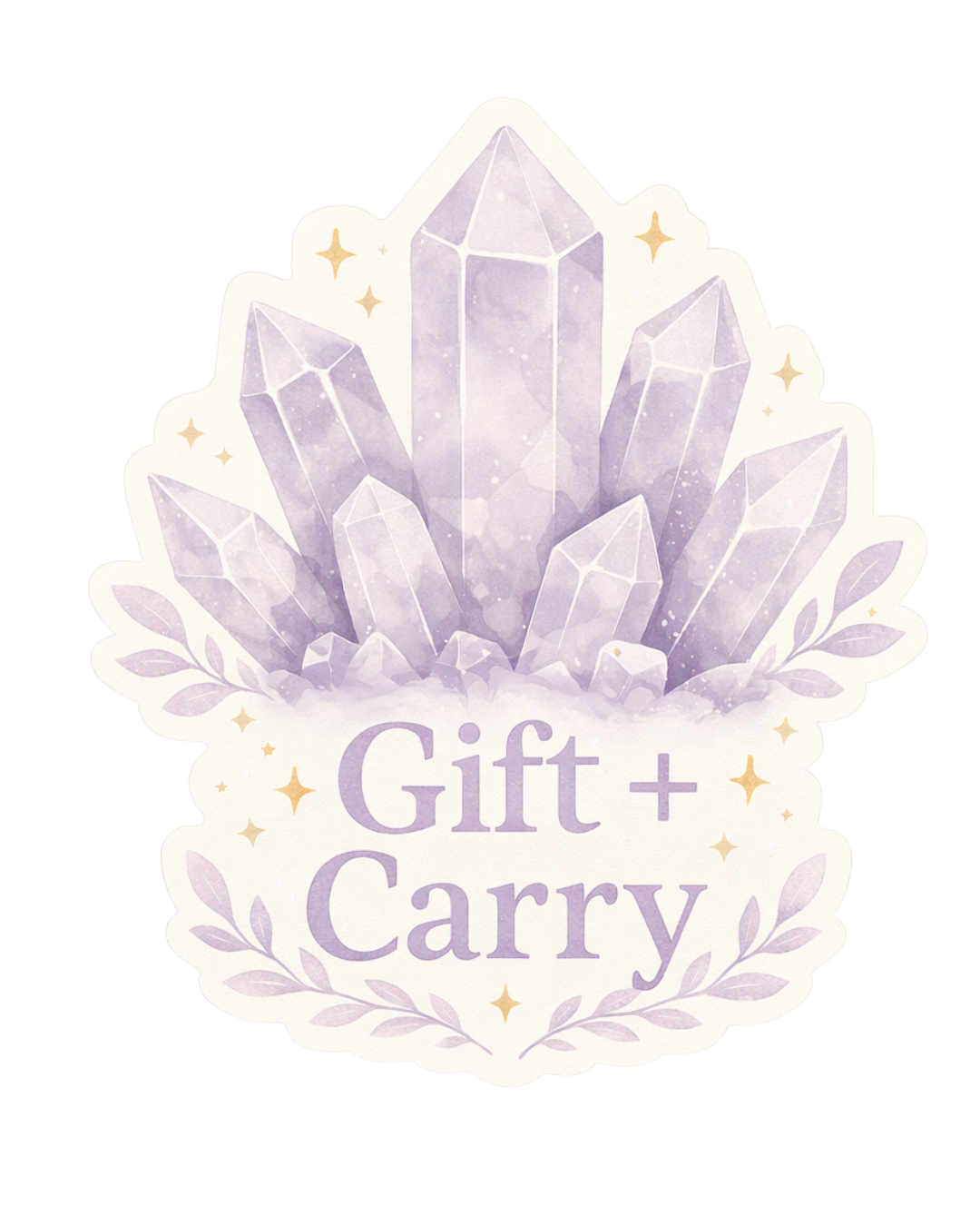 A sticker featuring an illustration of lavender crystals with the text 'Gift + Carry' beneath, surrounded by small gold star accents and leafy designs.