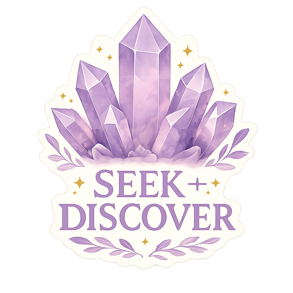 A decorative sticker with purple crystals and the words 'Seek + Discover' in purple text, surrounded by small gold stars and purple leaves.
