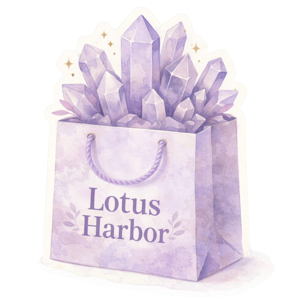 A lavender-colored gift bag with the words "Lotus Harbor" on it, filled with purple crystals or gemstones.