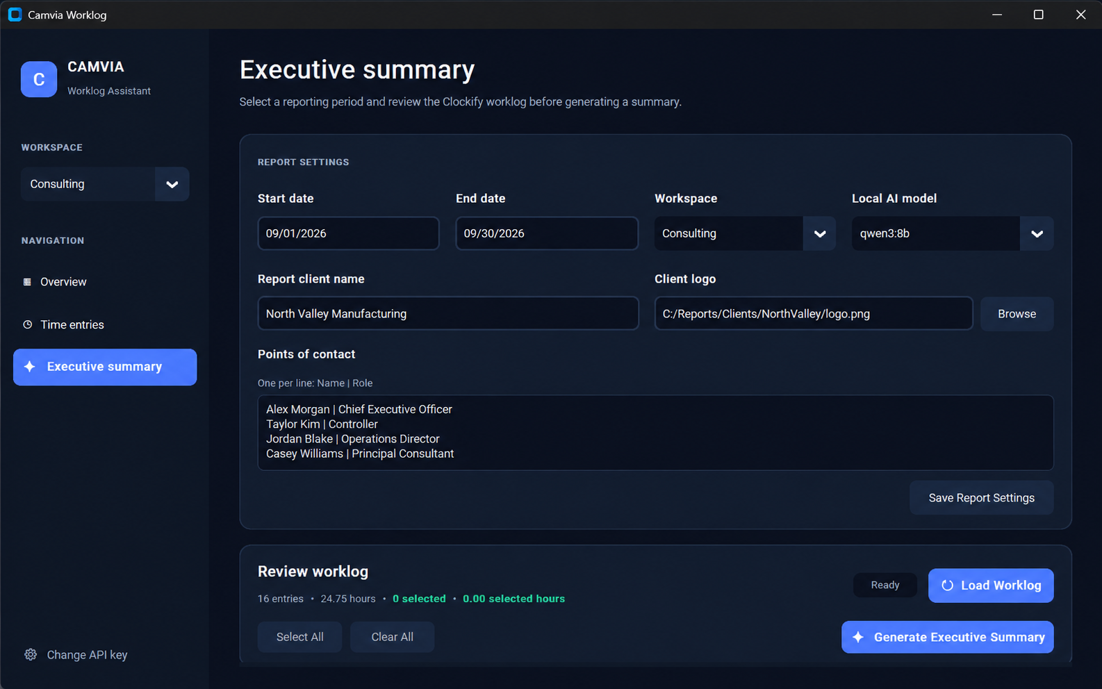 Camvia Worklog Assistant AI-assisted executive summary generator