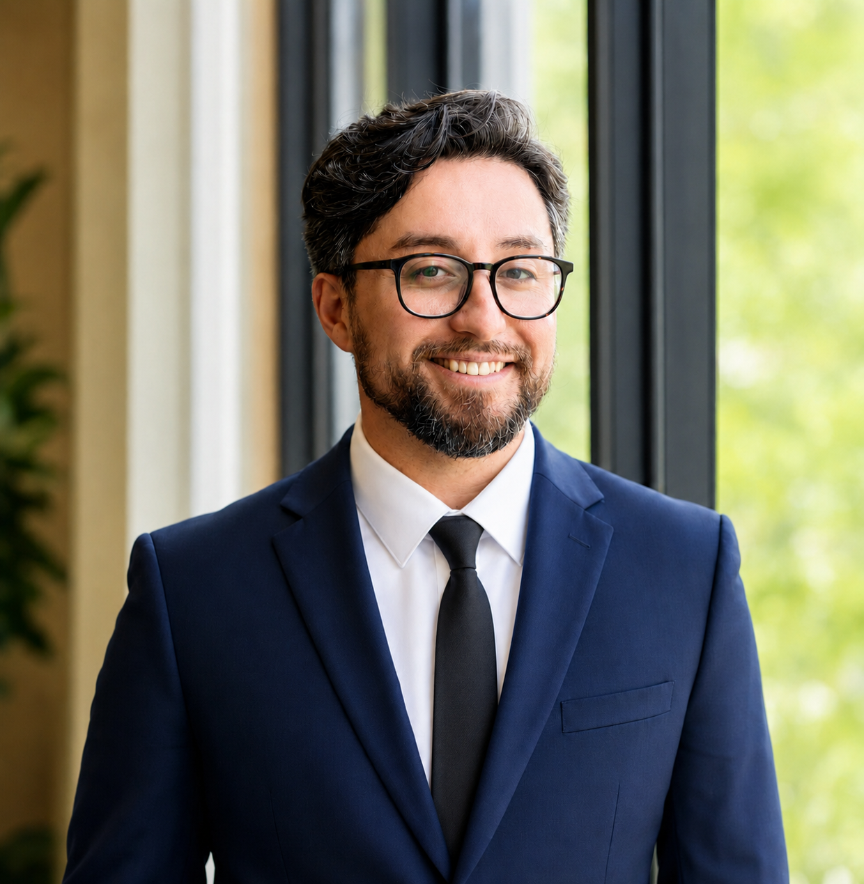 A man with dark hair, glasses, and a beard wearing a navy suit, white shirt, and black tie, smiling, standing near large windows with green foliage outside.