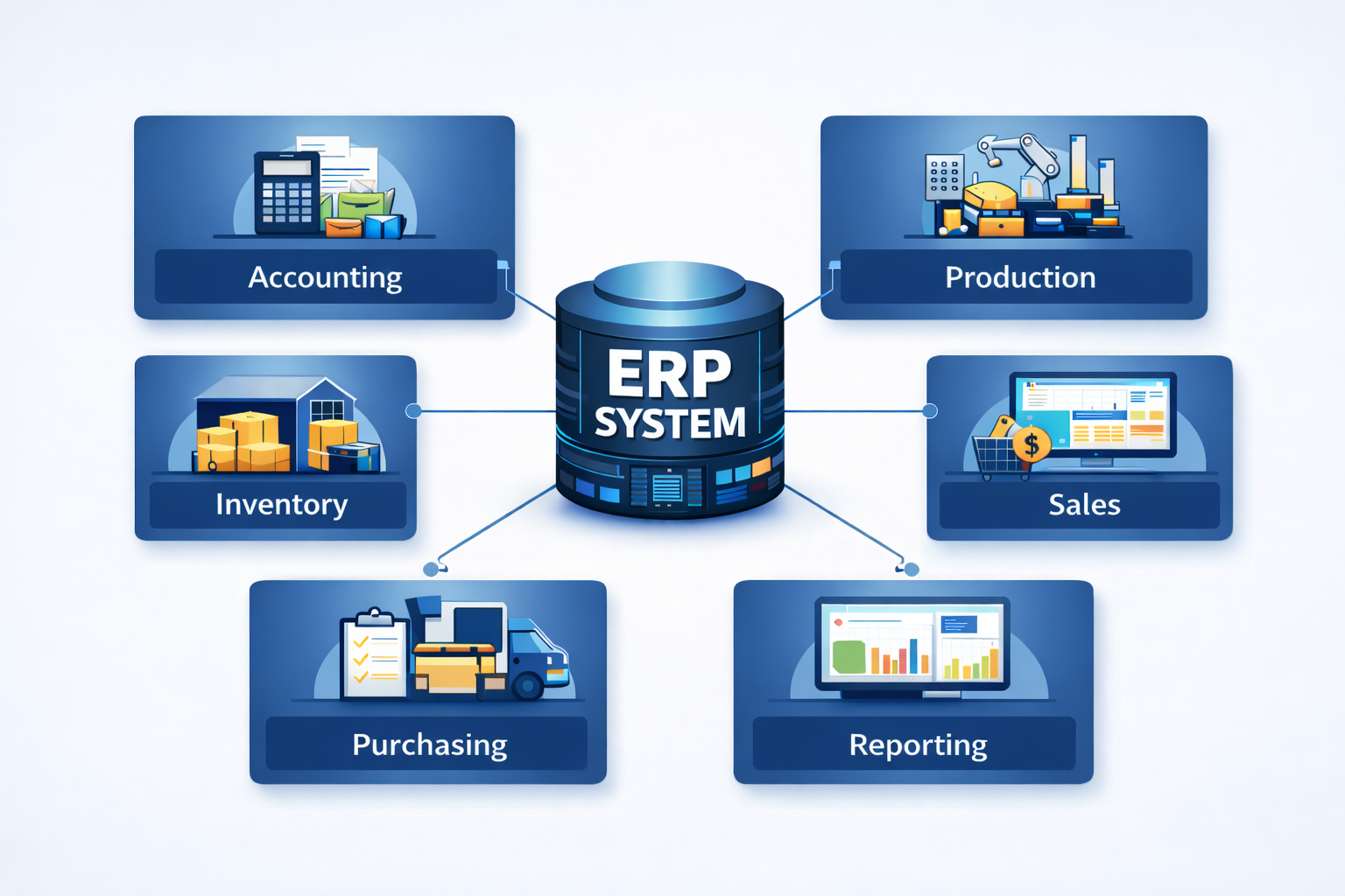 Diagram of an ERP system showing connections to accounting, production, inventory, sales, purchasing, and reporting modules.