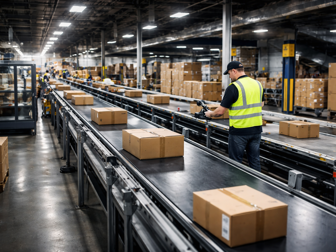Warehouse worker inspecting packages on an automated conveyor belt in a large warehouse
