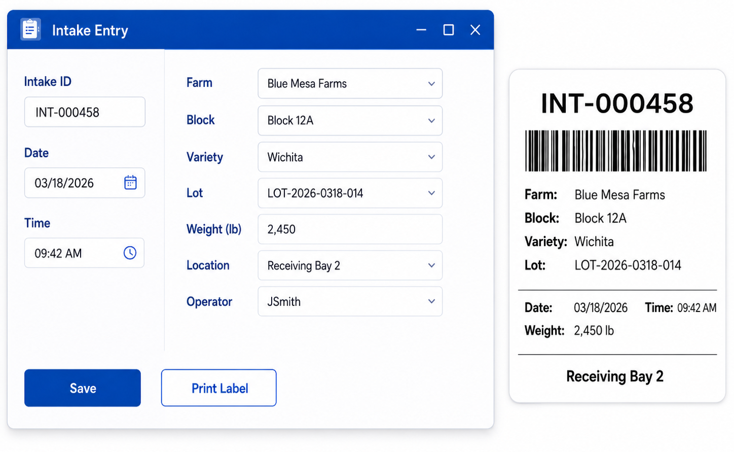 Harvest intake ticket entry screen built by Camvia Consulting