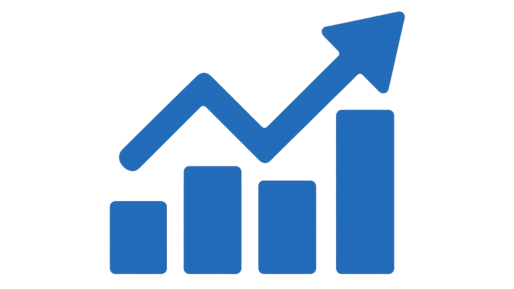 Blue bar chart with four vertical bars increasing in height from left to right, topped with an upward trending arrow.