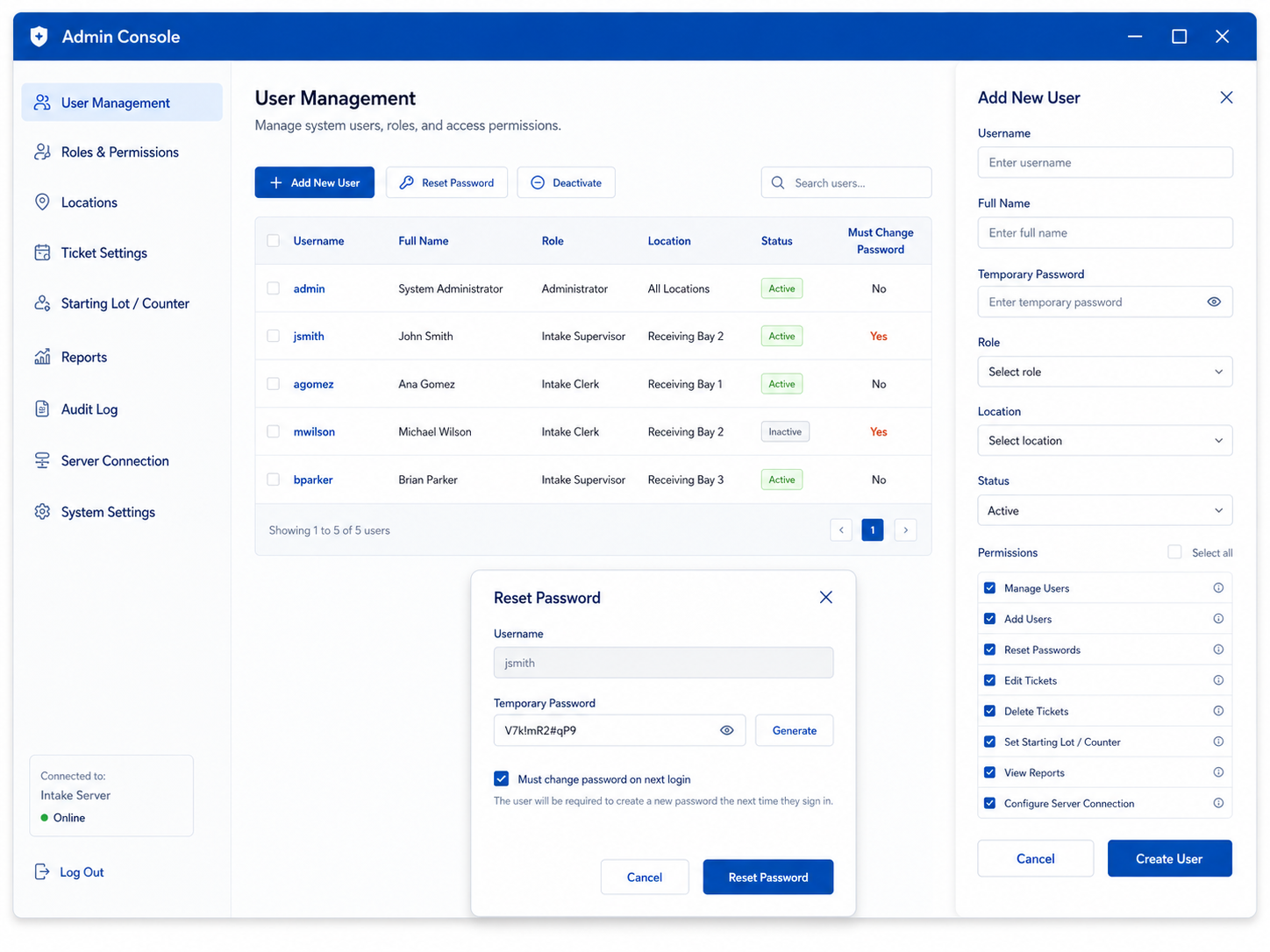 Administrative console for the harvest intake ticketing application