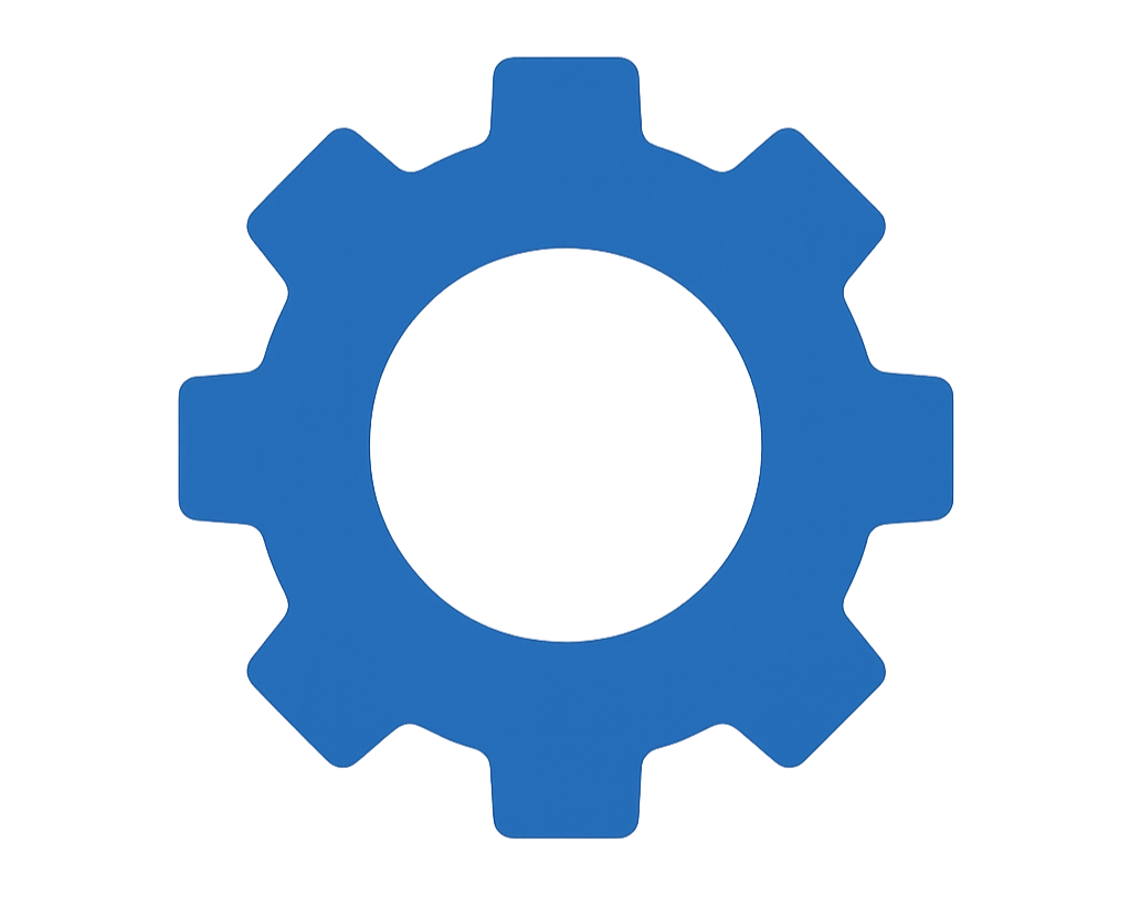 Blue gear icon on a black background.