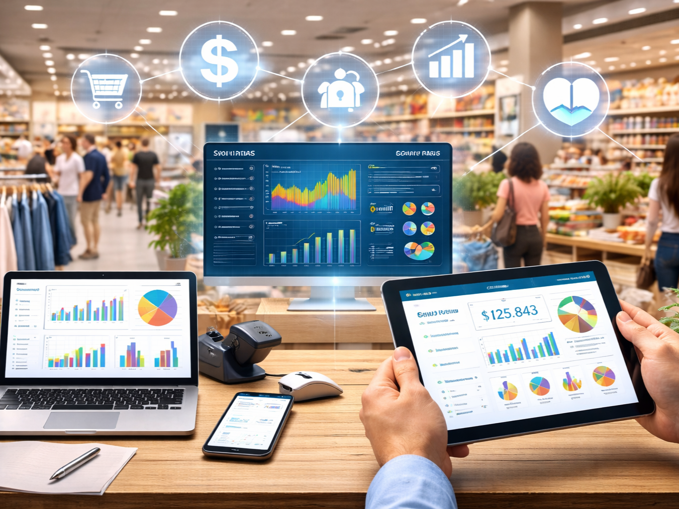 People working with digital data dashboards and graphs in a retail store or supermarket