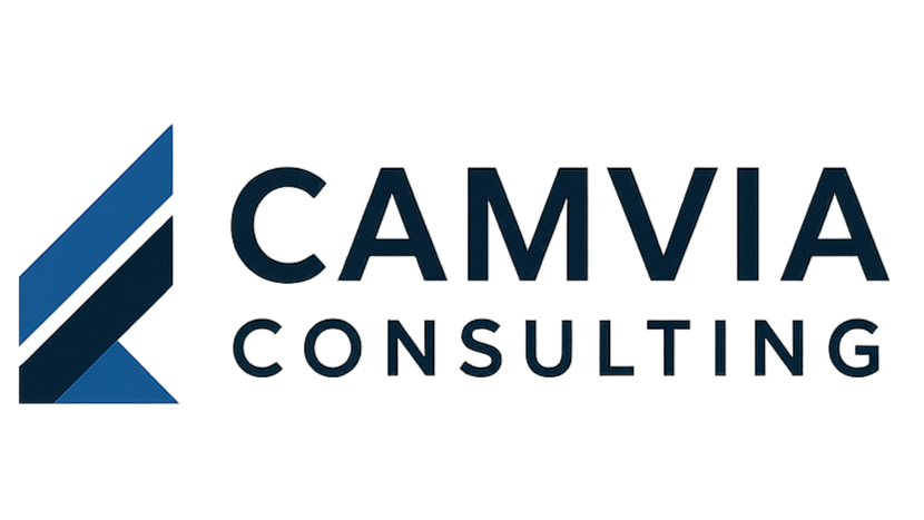Logo of CAMVIA Consulting with stylized blue and black design and text.