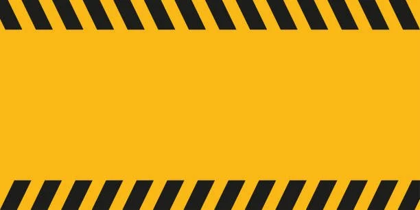 Yellow background with black diagonal caution stripes at top and bottom.