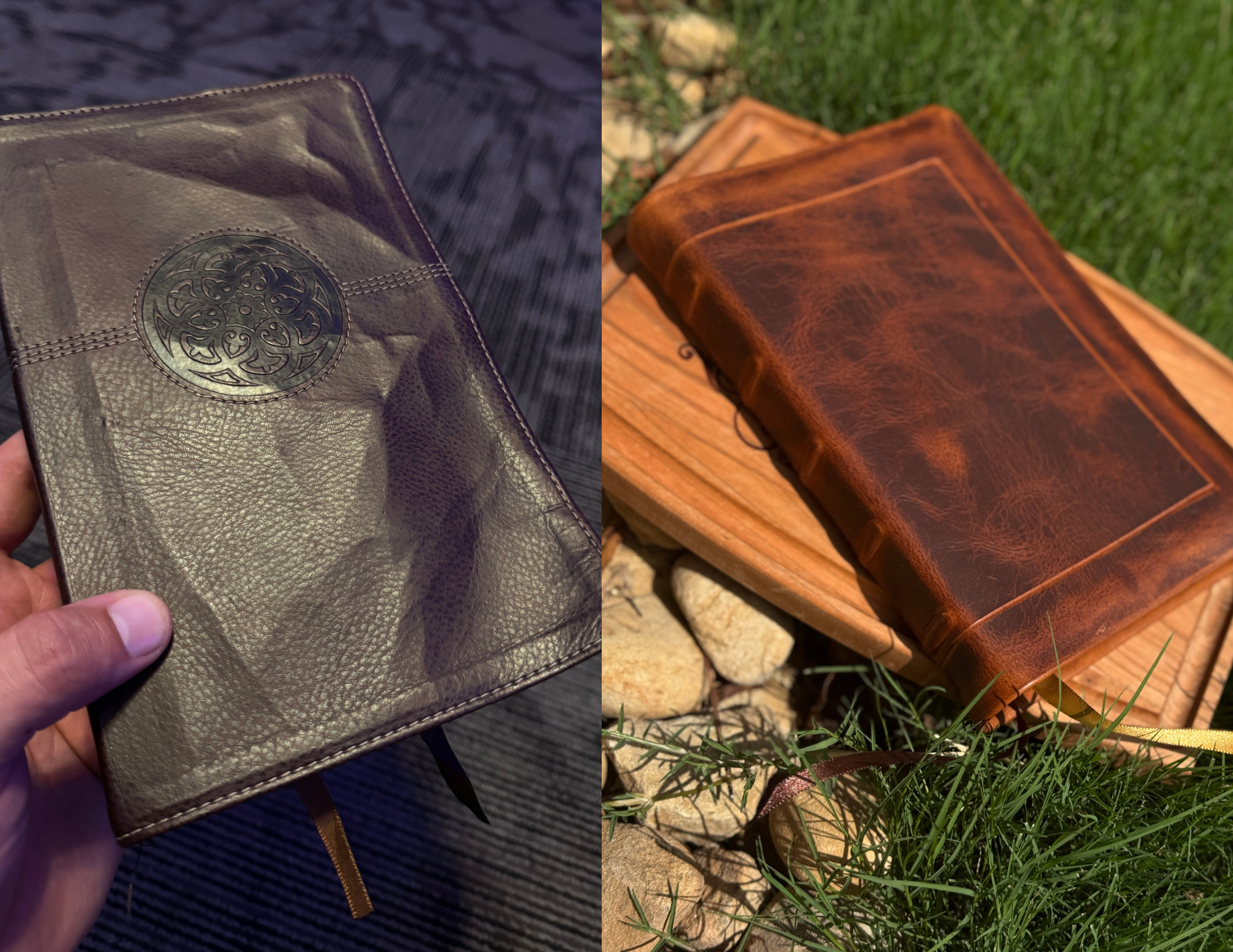Side-by-side image of two leather-bound books, one dark brown with a decorative emblem on the cover, and the other reddish-brown with a plain cover, outdoors with grass and rocks.