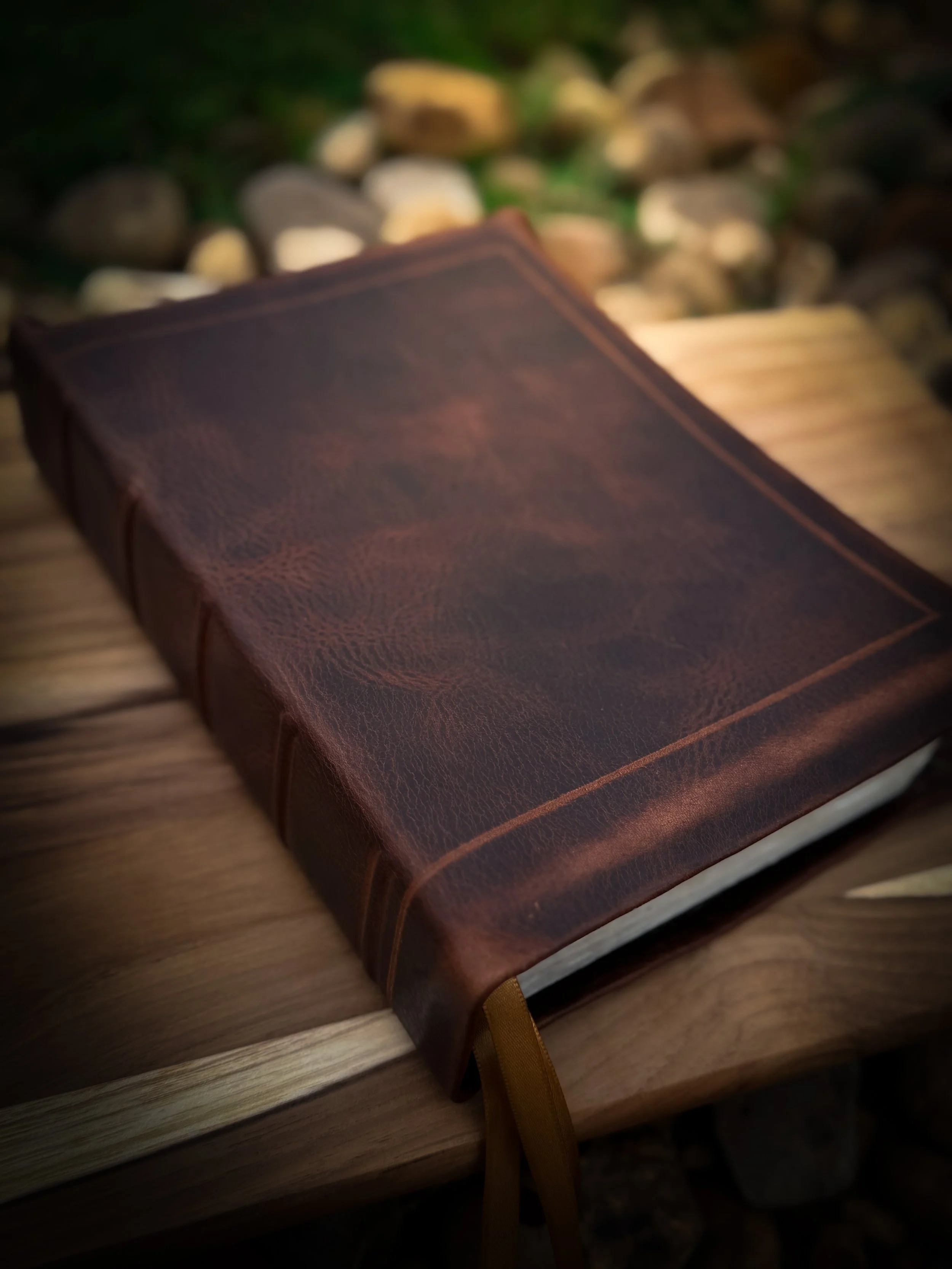Closed leather-bound notebook with a ribbon bookmark resting on a wooden surface with rocks and grass in the background.
