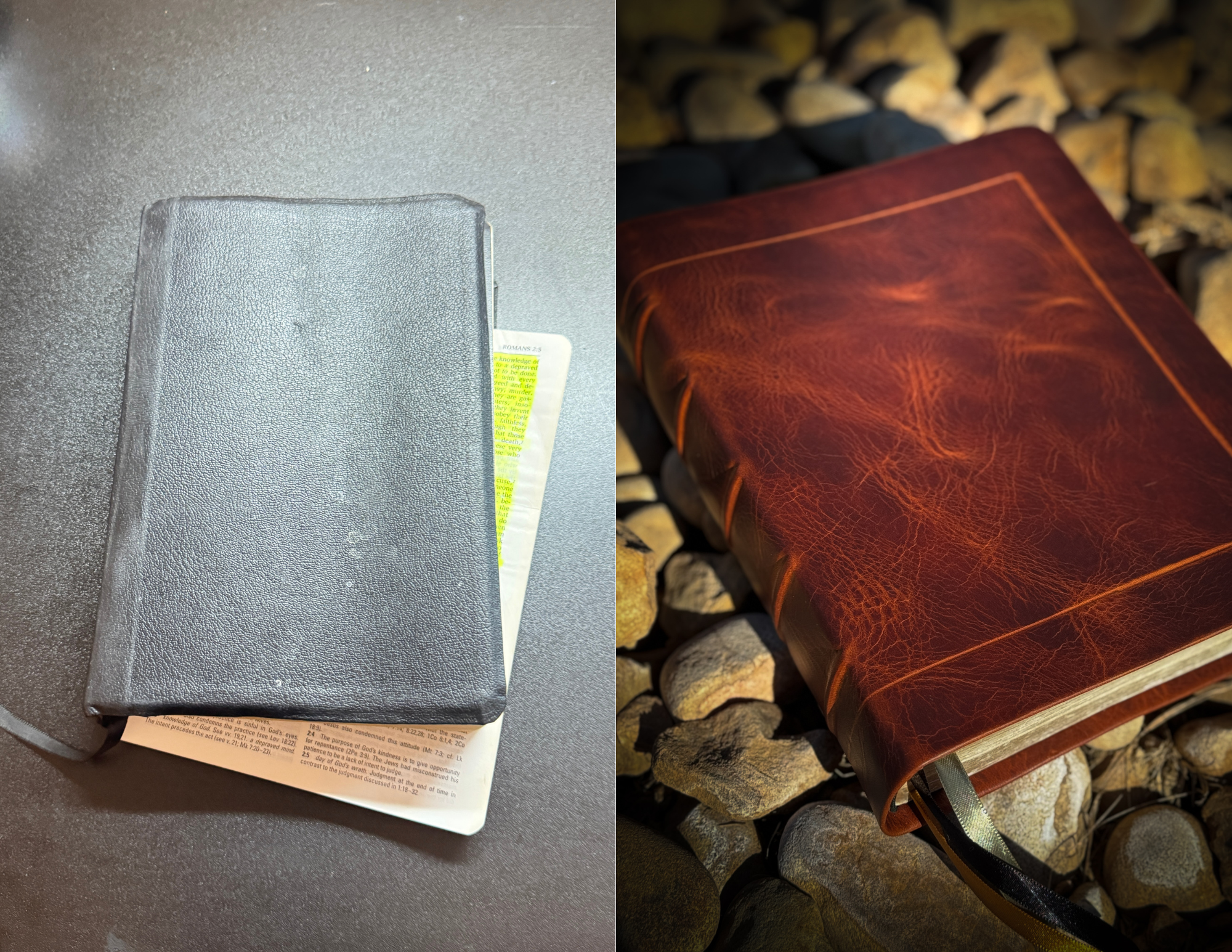 A side-by-side comparison of two books: one with a plain, gray, textured cover with a church bulletin underneath, and the other with a brown, leather-bound cover with visible stitching and a ribbon bookmark, placed on rocks.