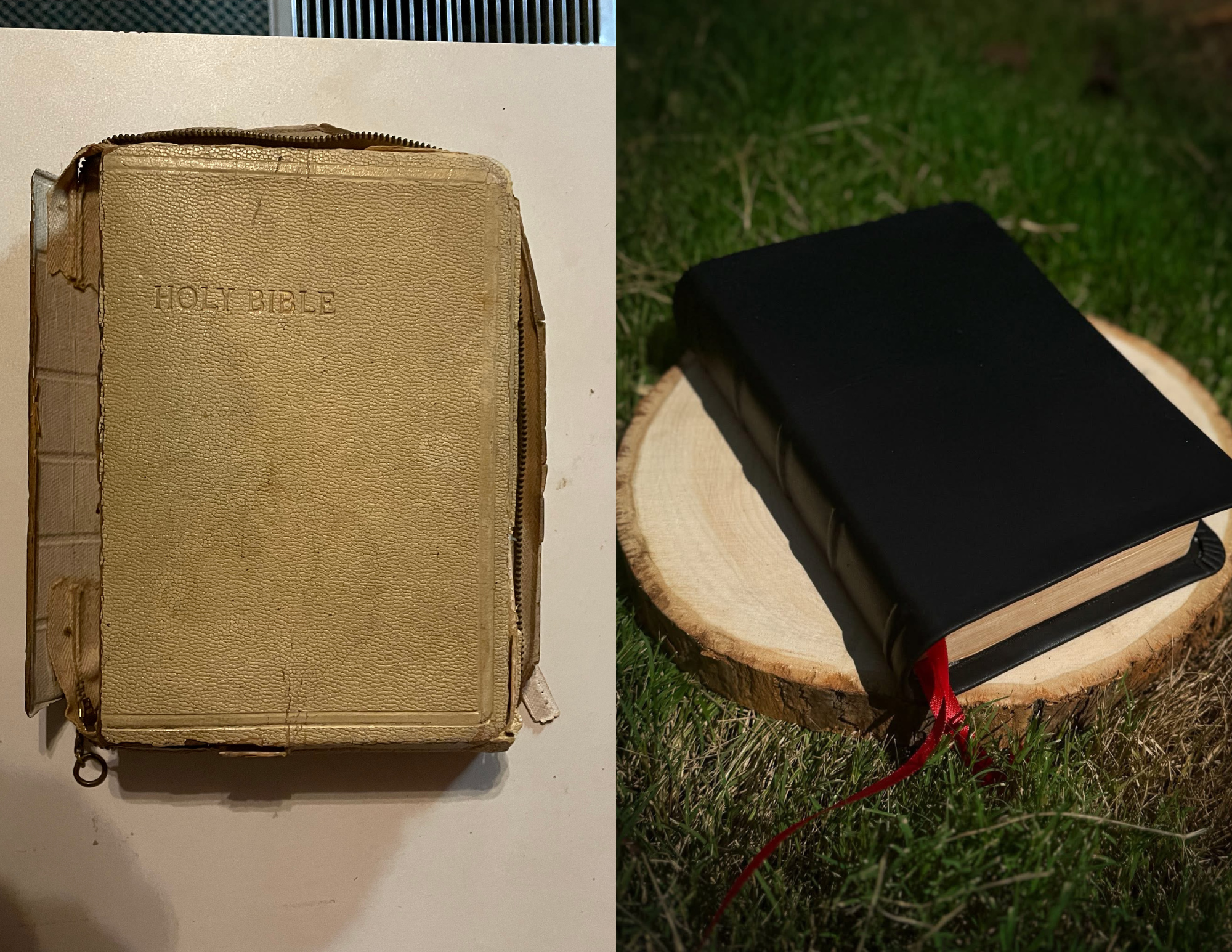 A worn, beige Holy Bible with a textured cover and zipper, placed on a white surface; a black leather-bound Bible with a red ribbon bookmark, resting on a cut wooden log outdoors on grass.