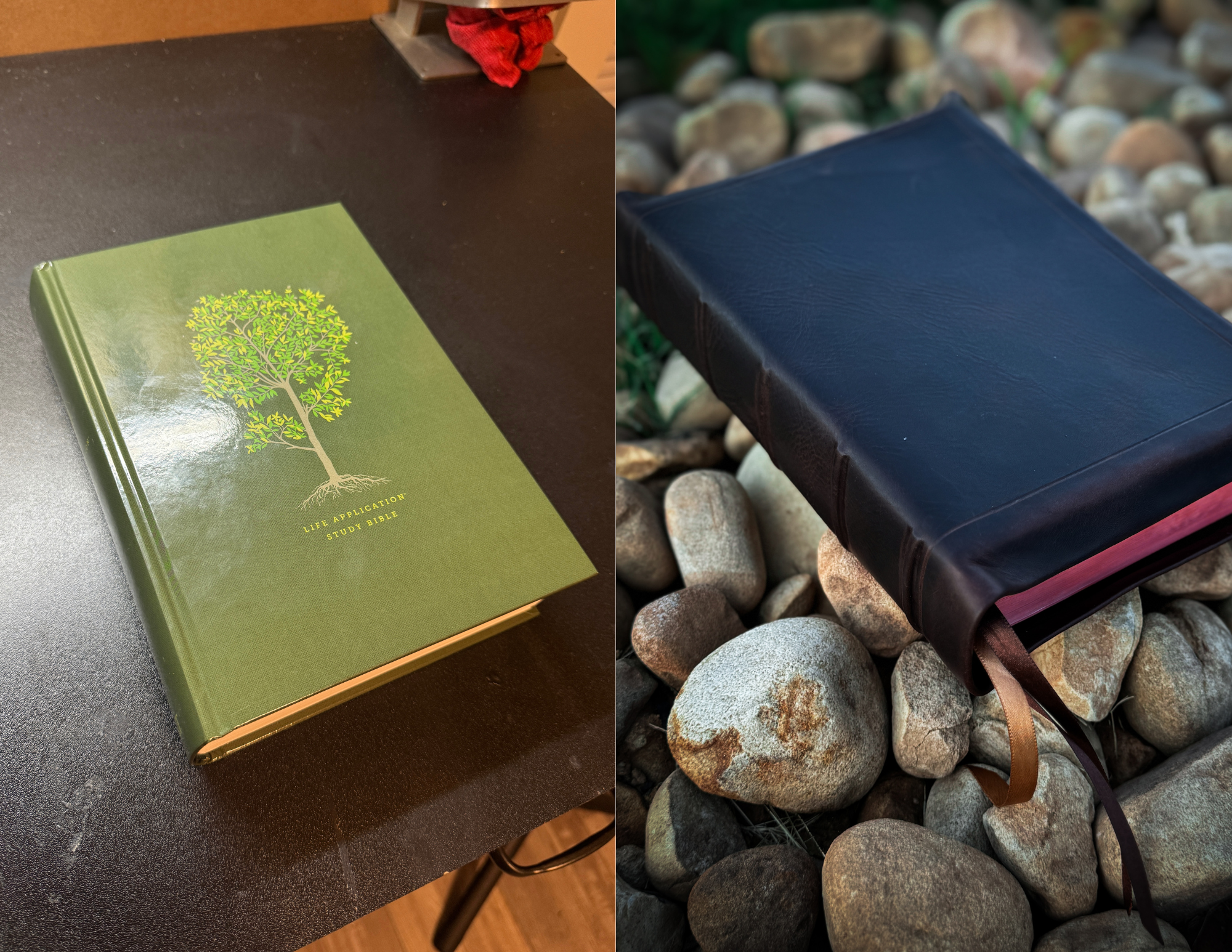 A study Bible with a green cover and a tree illustration on the front is placed on a black table, and another Bible with a black cover and ribbons is outdoors on rocks.