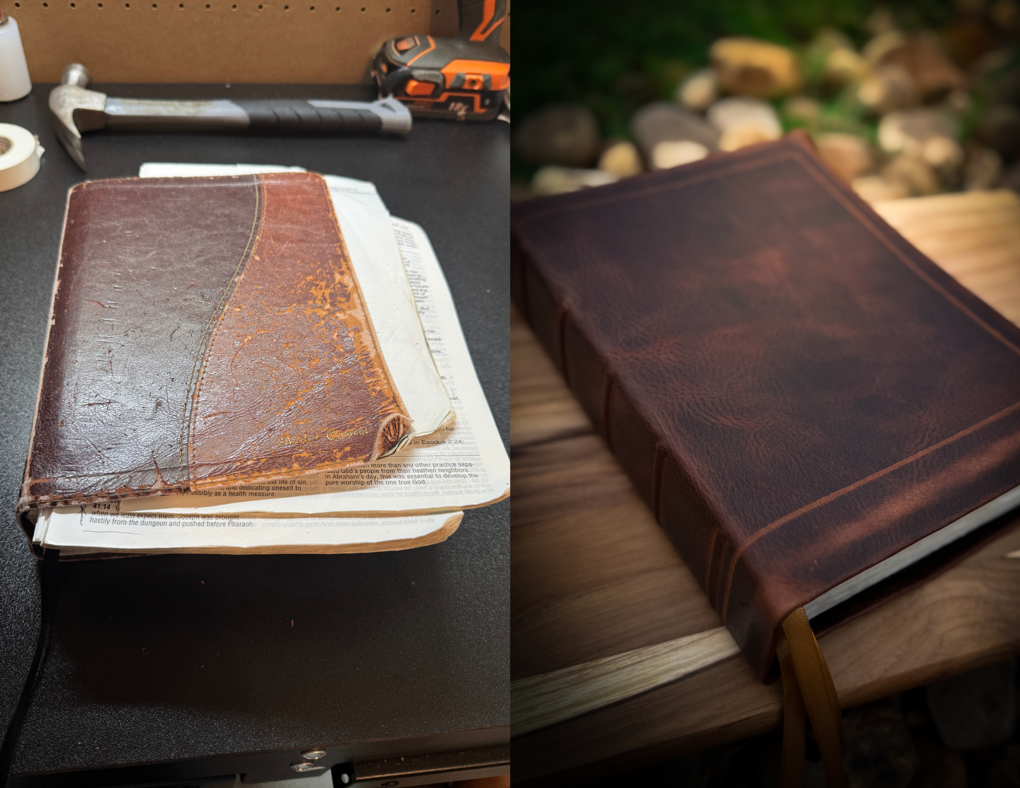 Comparison of two leather-bound books, one old and worn on a workshop table, the other new and polished on a wooden surface.