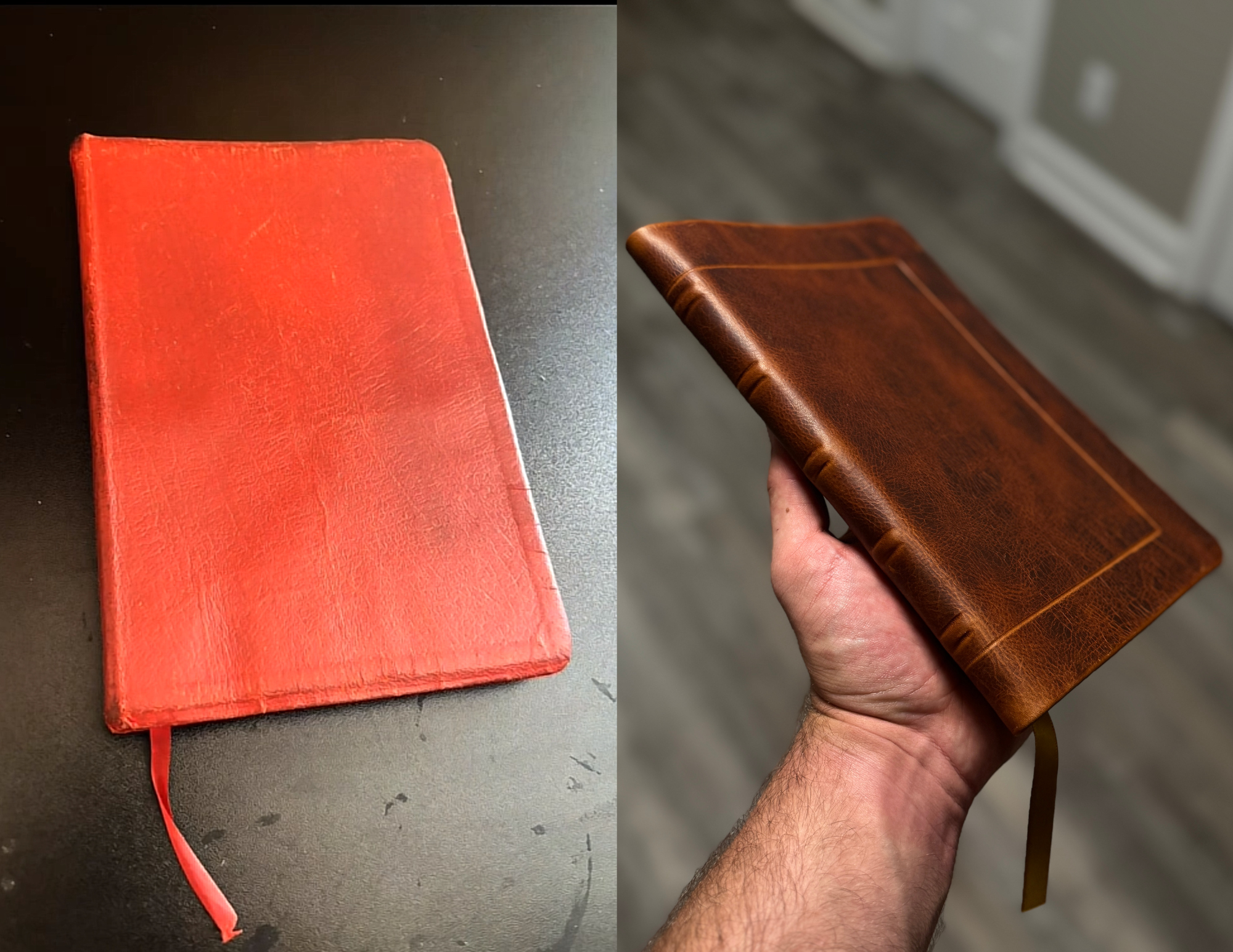 Comparison of two leather-bound journals; the left journal has a red cover with a ribbon marker, while the right journal features a brown, textured cover and is held in a person’s hand.