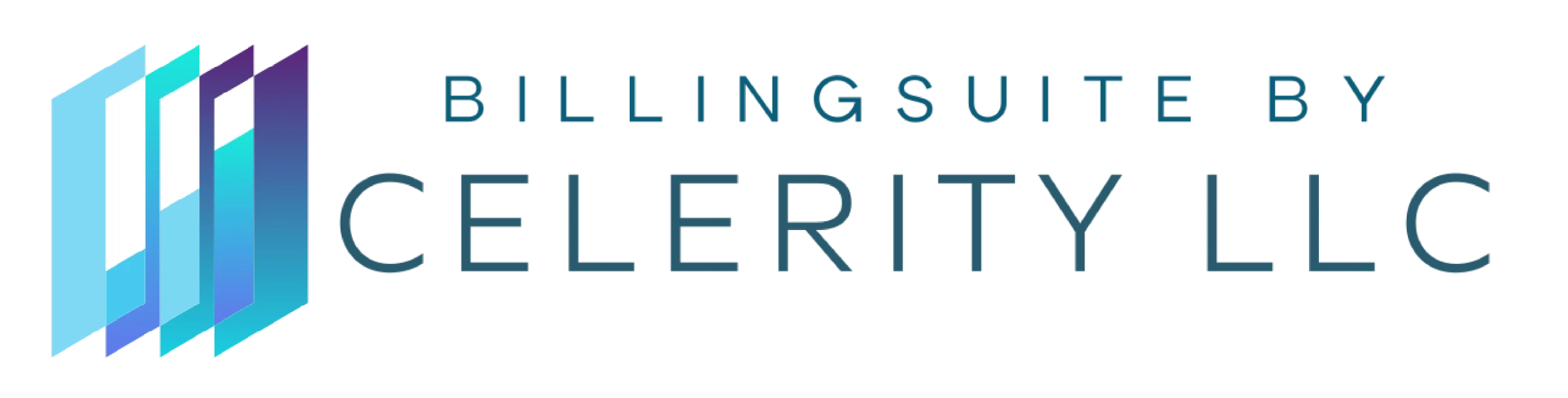 Logo for BillingSuite by Celerity LLC, featuring a stylized blue, purple, and teal geometric icon next to the company name in dark blue letters.