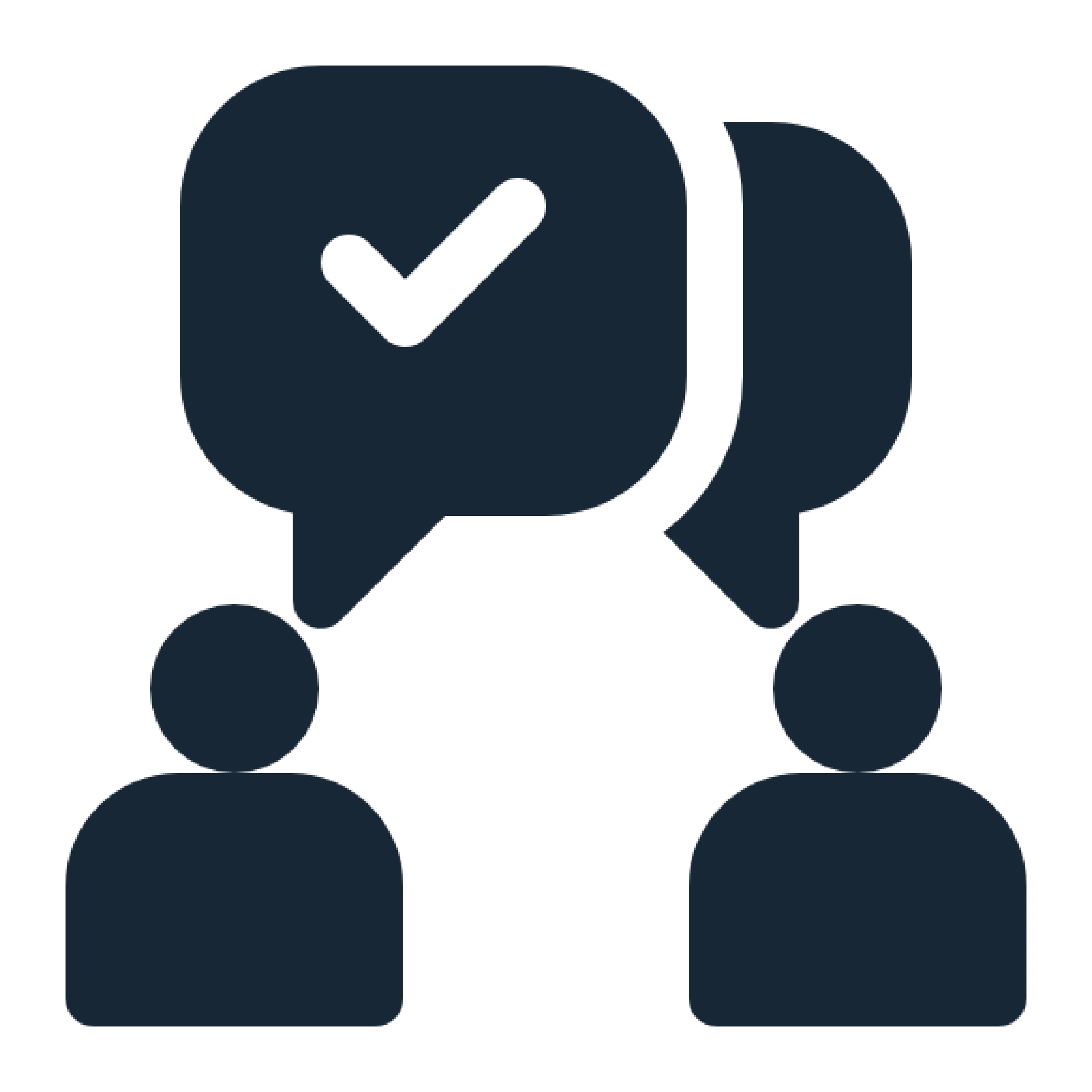 Two stylized human figures communicating with speech bubbles containing checkmarks, representing conversation or agreement.