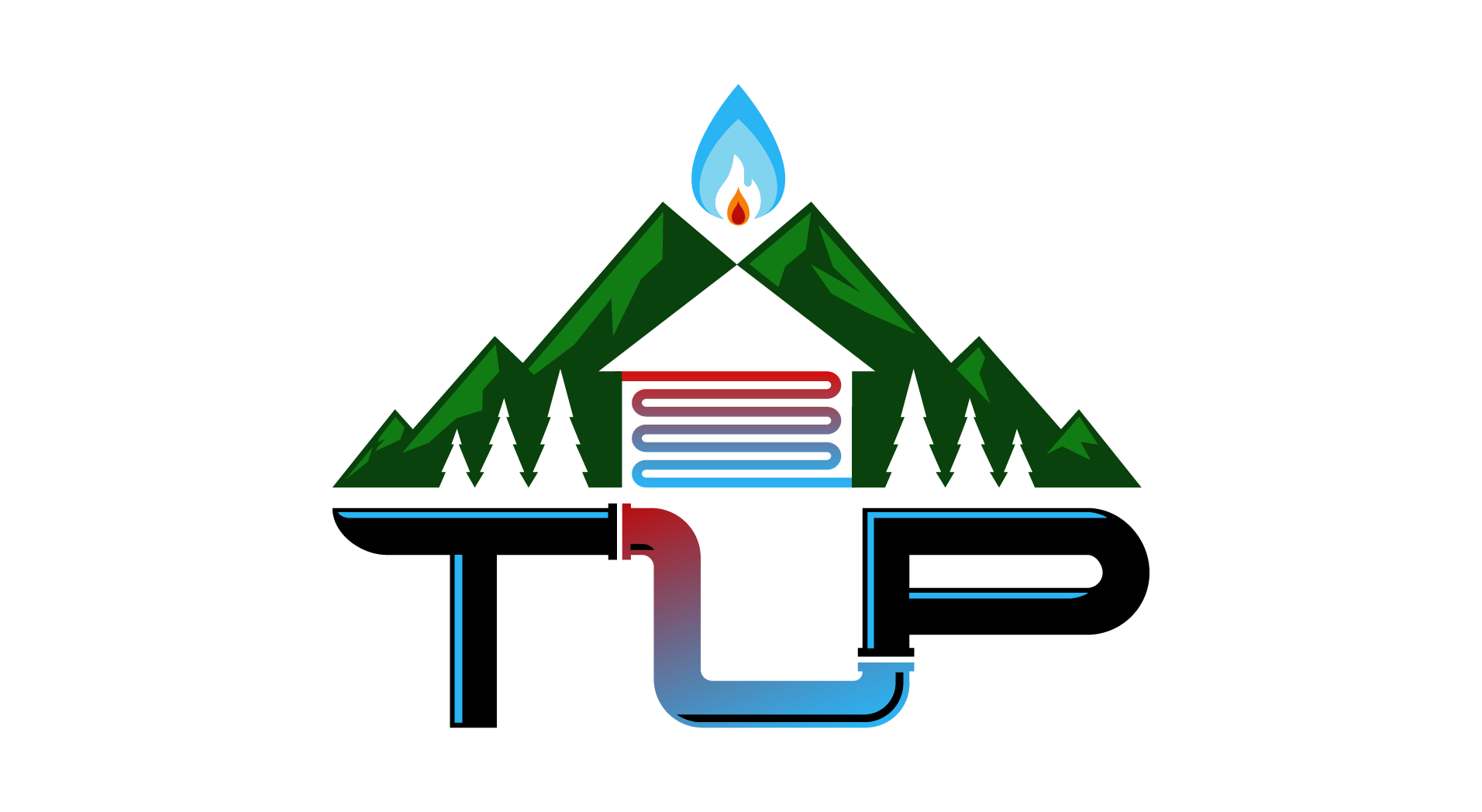 Logo of a heating and plumbing company featuring mountains, evergreen trees, a house, and pipes with water and fire elements.