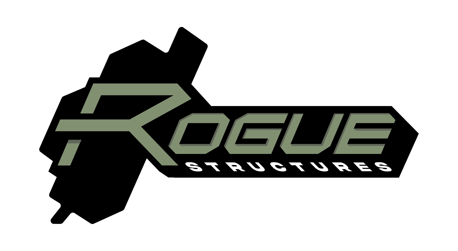A logo for Rogue Structures features the word 'Rogue' in large, stylized green letters with black outlines. The word 'Structures' is underneath in smaller white letters on a black background. The logo design includes a black shape of Lake Tahoe.