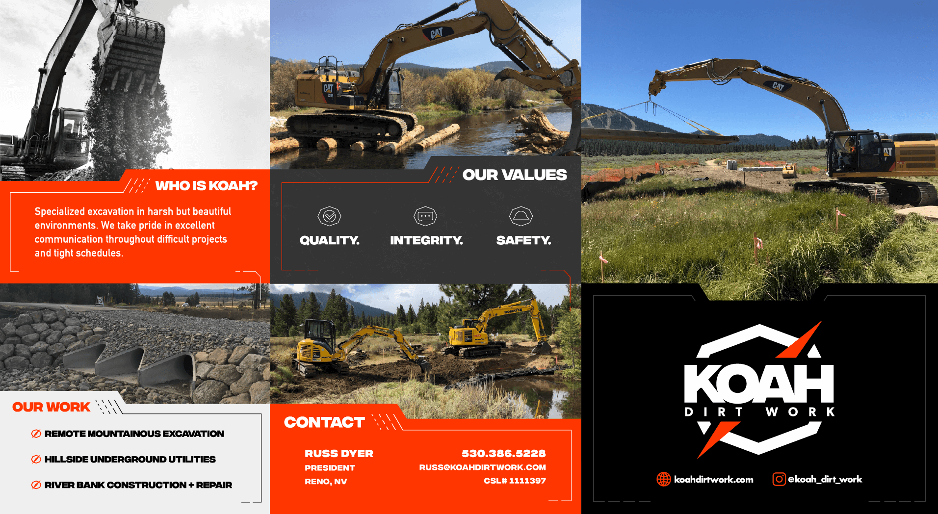 Brochure for KOAH Dirt Work featuring construction equipment and project images, with sections about the company's values, services, and contact information.