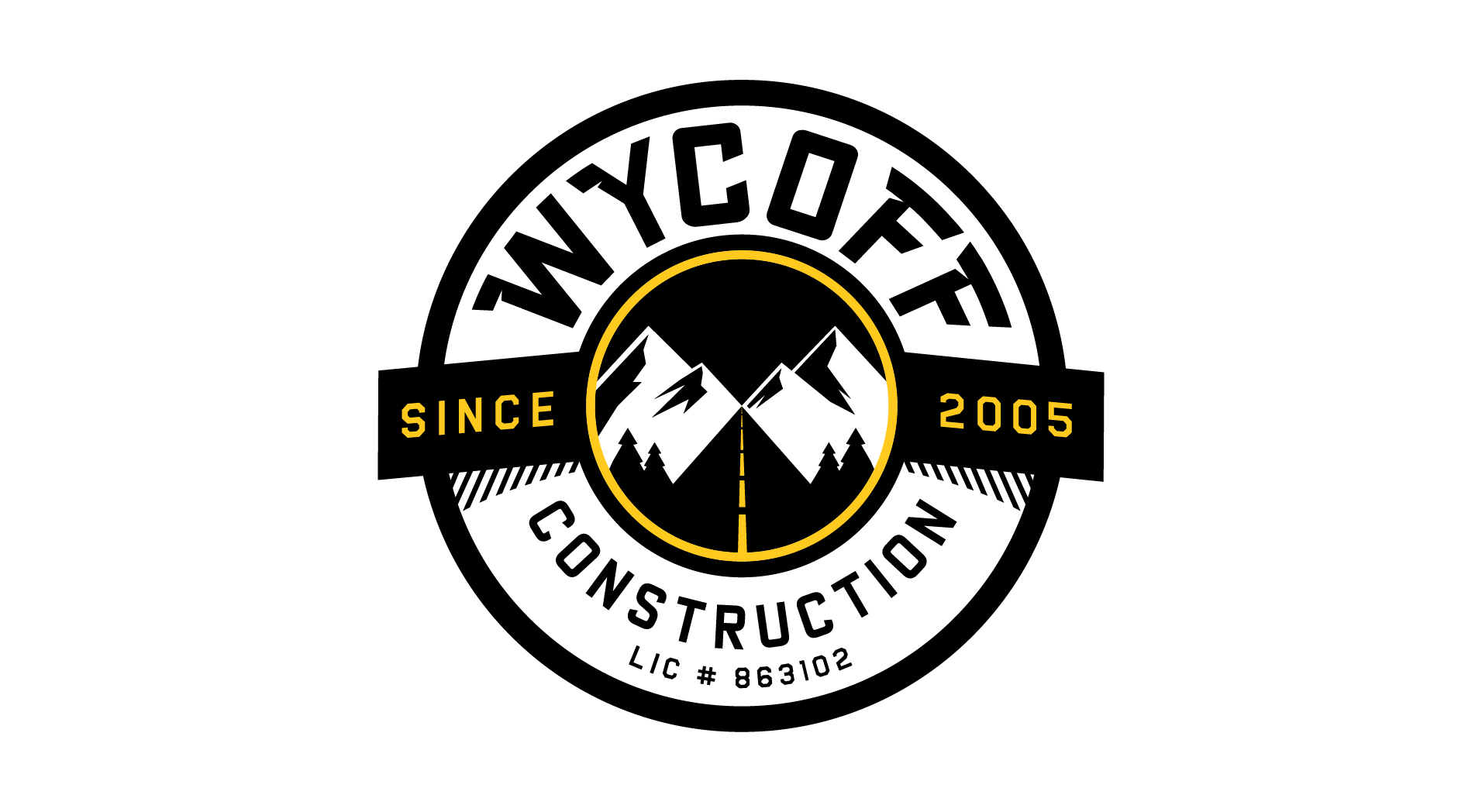 Logo for Wycoff Construction since 2005, featuring a mountain landscape with mountains, trees, and a yellow road leading into the distance.