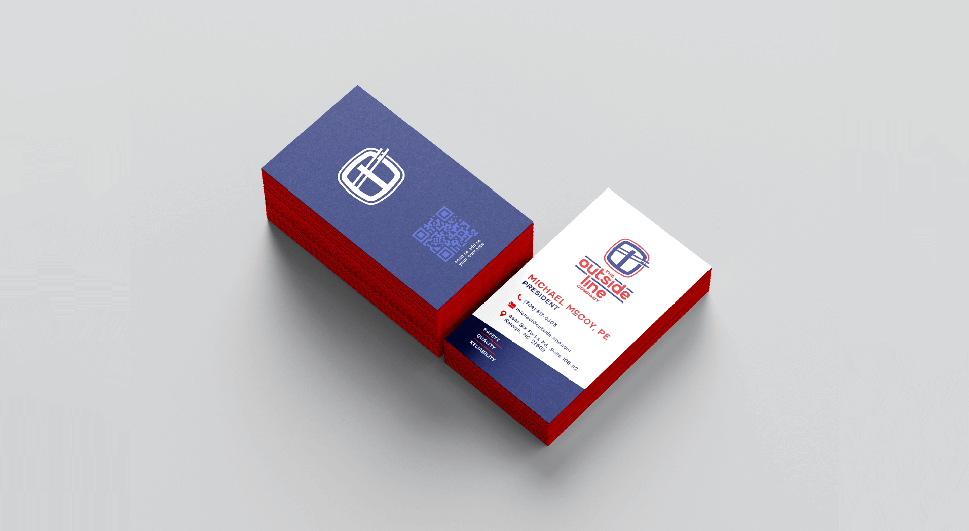 Stack of business cards with a blue and red design, featuring a logo, QR code, and contact information for The Outside Line Company.