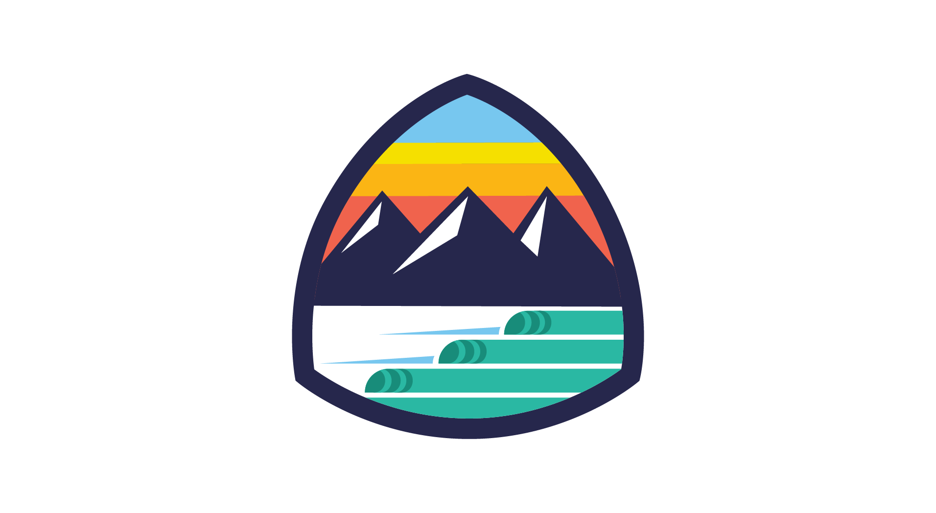 A logo depicting a mountain scene with a sunset, water, and waves, enclosed in a shield shape.